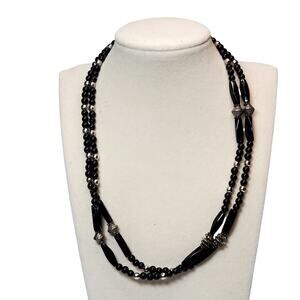 Double Strand Black Beaded Necklace 14"